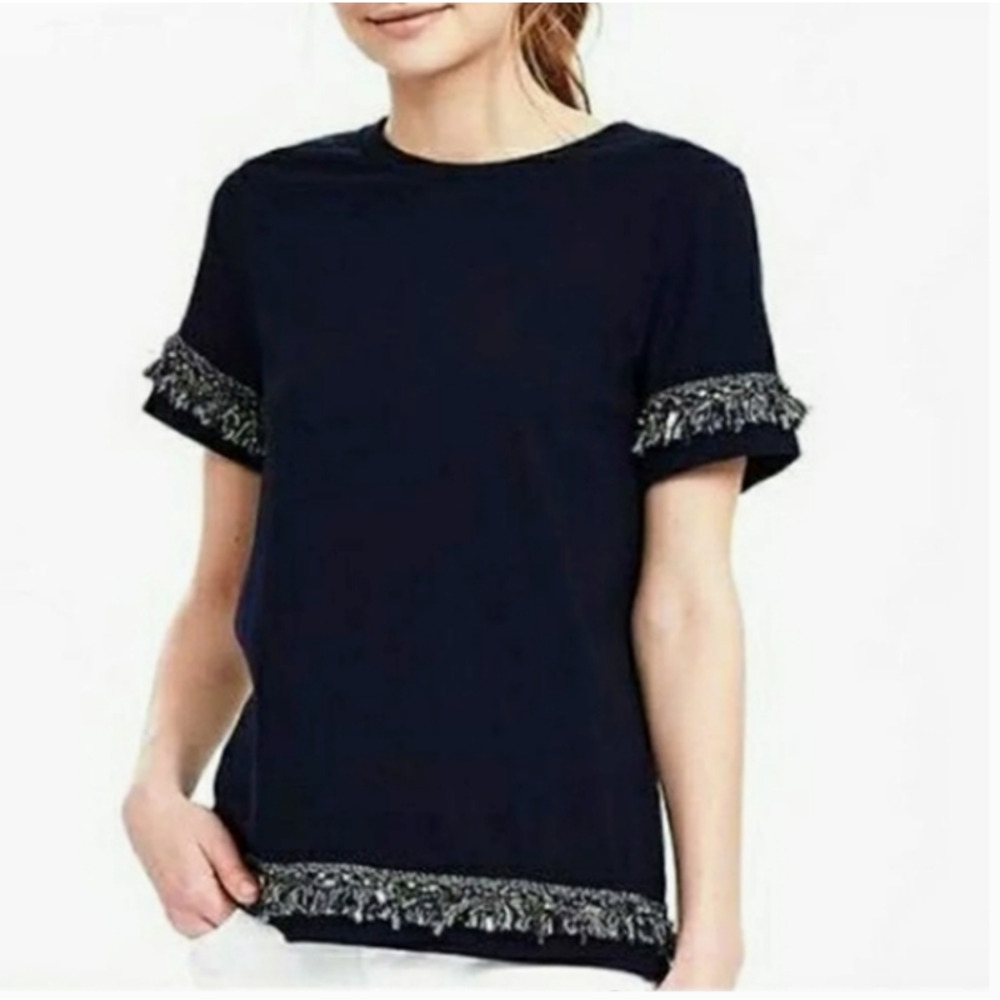 Banana Republic‎ Beaded Fringe Tee Blue Size M Short Sleeve Studded Embellished